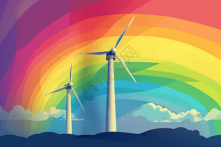 彩虹背景的风力涡轮机图片