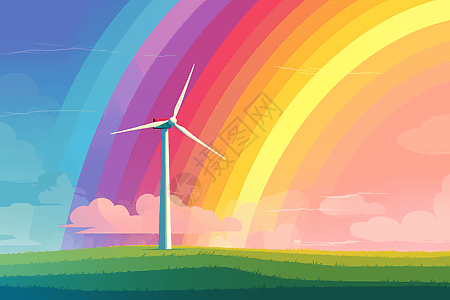 彩虹下的风力涡轮机高清图片