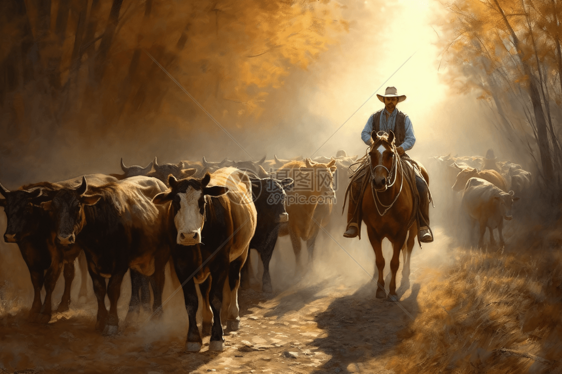 一副牛仔辛勤工作牛驱的绘画图片