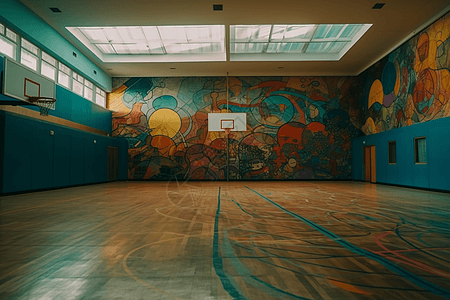 彩色的壁画画在社区中心篮球场的墙上图片