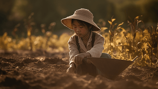 小女孩在田地里播种图片