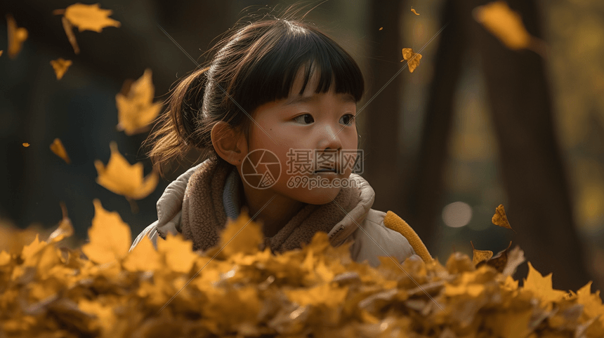 小女孩欣赏秋天的落叶图片