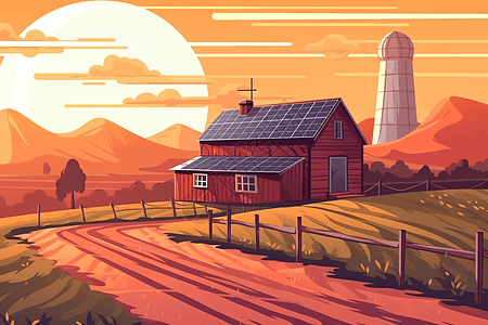 太阳能农场起伏的山丘。风格: 平面插图。，高清图片
