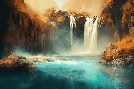 瀑布层叠到地热池中背景图片