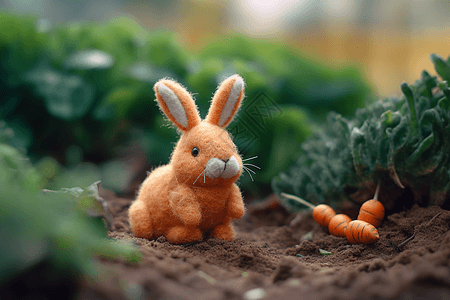 中国风摆件毛毡兔子和胡萝卜背景