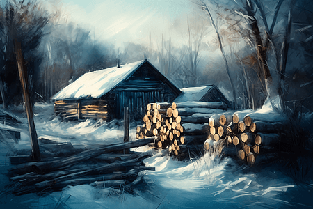 积雪覆盖的木屋背景图片