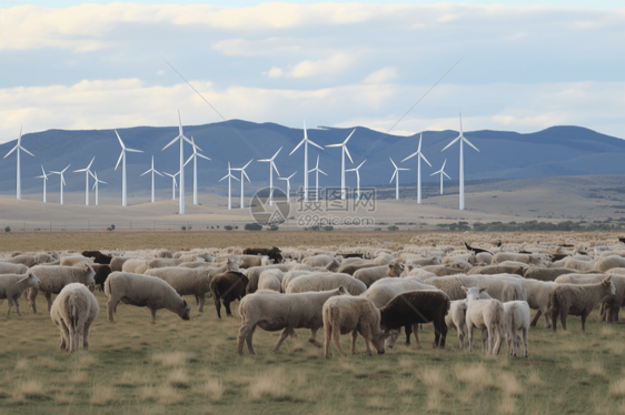 风力发电场前面的羊群图片