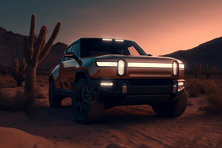 黄昏下的沙漠越野车图片