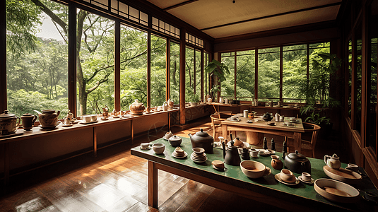 山间禅意茶室场景背景图片