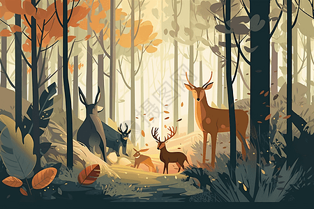 森林中的一群动物背景图片