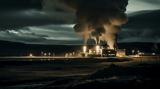 夜间的地热发电厂场景图片