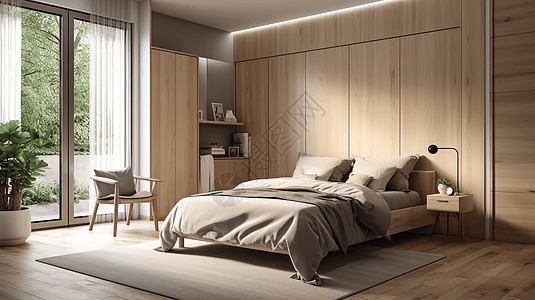 现代原木风卧室图图片