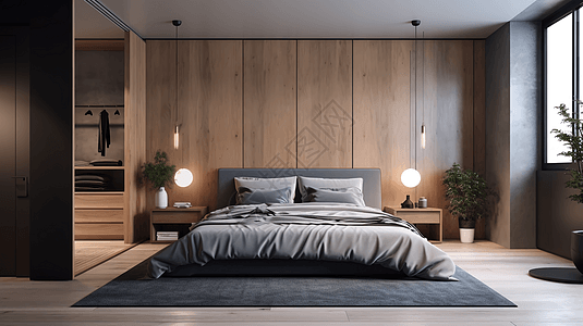 现代原木风卧室设计图背景图片