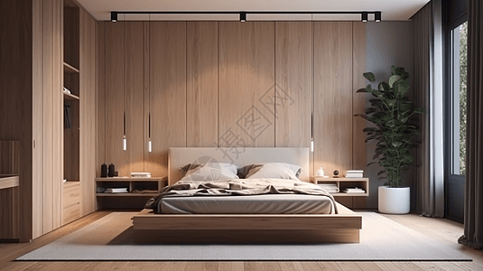 现代原木风卧室背景图片