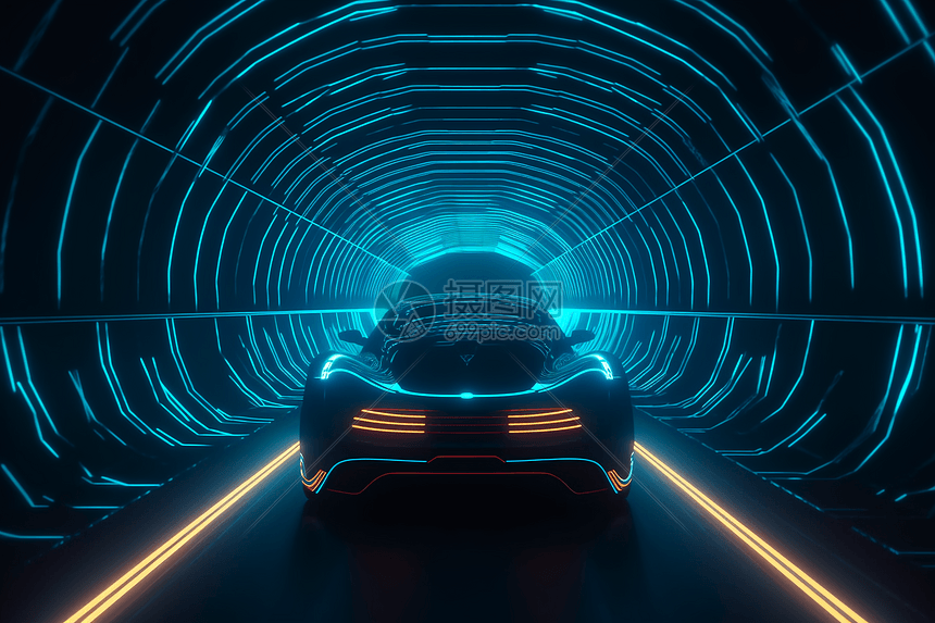一辆未来派概念车在霓虹灯的隧道中飞驰图片