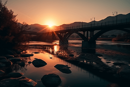 小桥流水日落图片