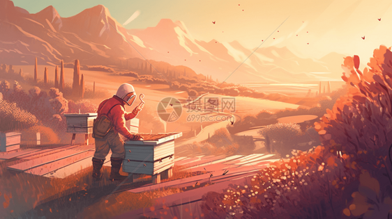 山间养蜂创意插图图片