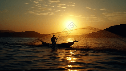 日落下小渔船的图图片