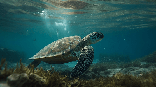 海龟在海洋中游泳场景图片