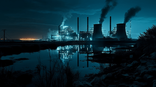 蒸汽涡轮机夜间的海洋发电厂场景设计图片
