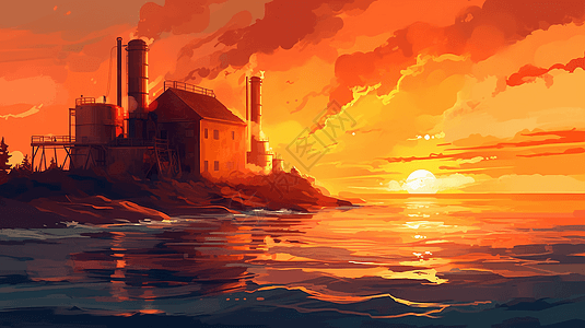 海洋发电厂迷人的日落景色图片