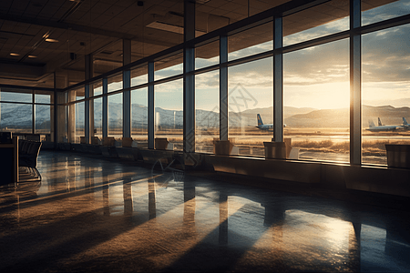 飞机场景素材日出机场航站楼的场景背景