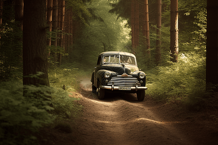老式汽车驶过森林图片