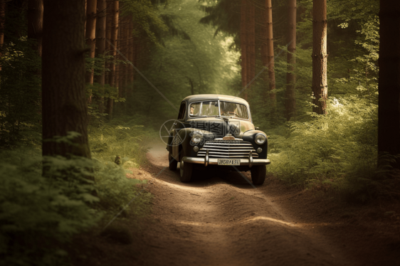 老式汽车驶过森林图片
