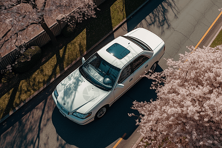 春花树下的汽车图片