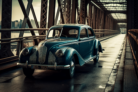 城市桥上的古董车背景图片