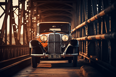 古董车在桥上行驶图片