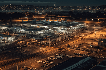 繁忙的机场的鸟瞰图背景图片