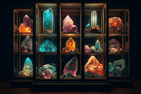 现代玻璃盒中陈列的稀有宝石图片
