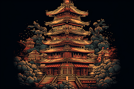 中国宝塔的平面插图背景图片