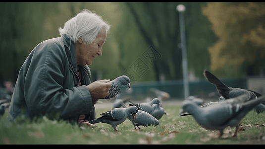 老年妇女在城市公园喂鸽子背景图片