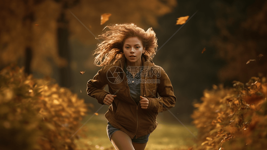 表情坚定的女人在公园里奔跑图片