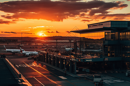 日落时机场航站楼的风景照片图片