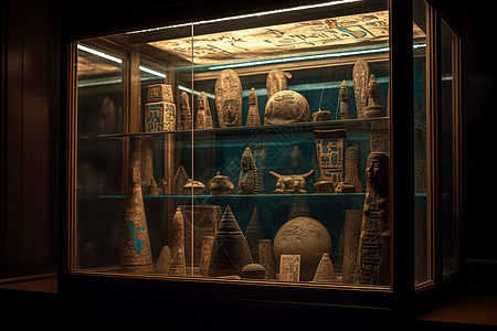 历史文物玻璃展示柜的特写镜头图片