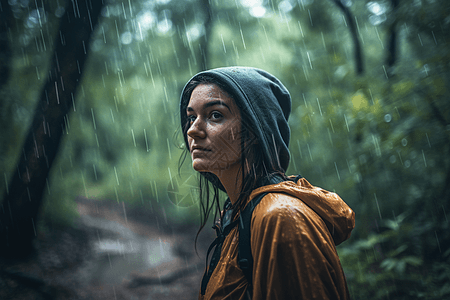 女人在雨天的树林里图片