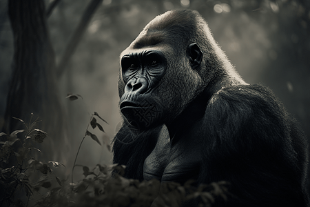 昏暗丛林里的大猩猩背景图片