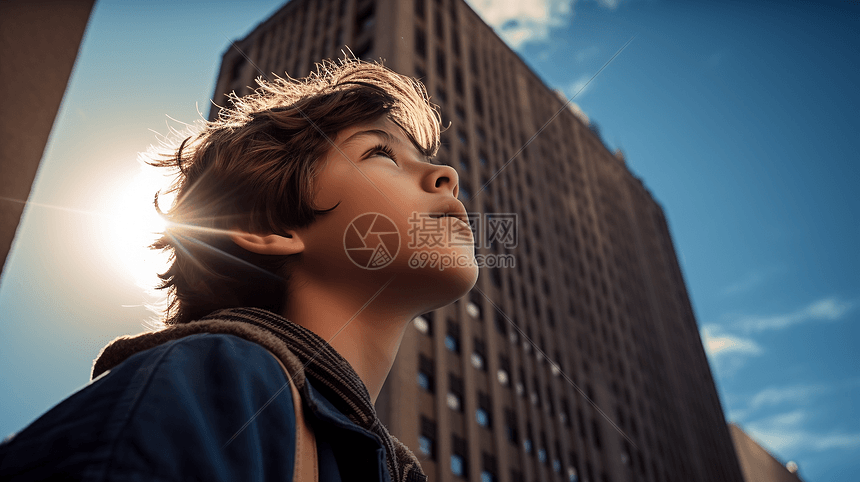 小男孩惊讶地抬头看着一座高楼图片