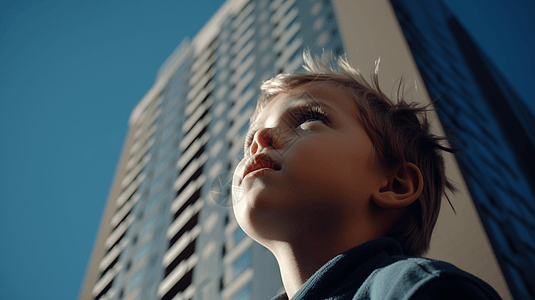 抬头看的小男孩小男孩抬头看着一座高楼背景