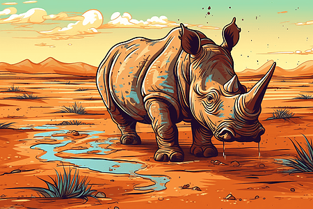 在稀树草原上洗泥浴的犀牛卡通图片