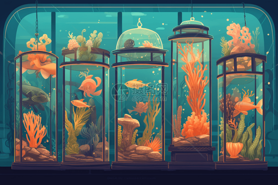 玻璃水箱海洋生物创意插图图片