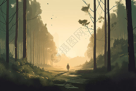 一个人走过森林背景图片