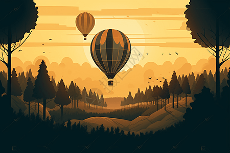一个热气球漂浮在森林地区图片