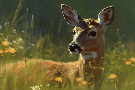黄色野花丛里的鹿图片