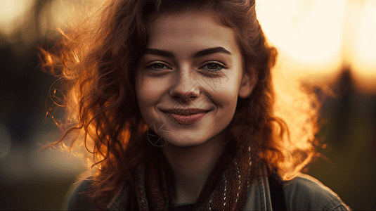 公园里微笑的红发女人肖像高清图片