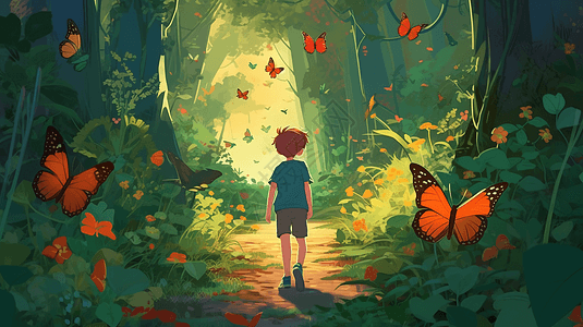 森林中探索的小男孩卡通插图背景图片