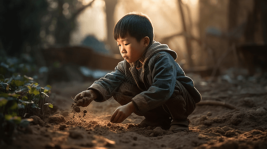 一个中国小男孩帮助家人播种图片